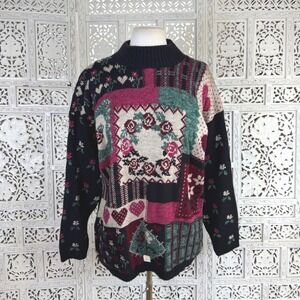 Vtg Deadstock Dana Scott Granny Heart Sweater Womens Large Retro Cottage Chunky